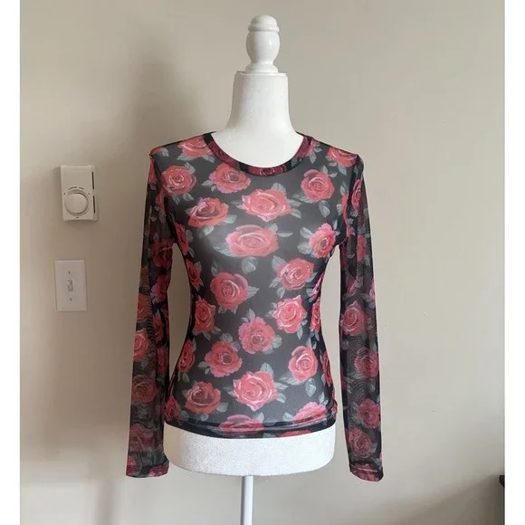H M Divided Top Sheer Stretch Black Red Rose Punk Goth Y2K Small Whimsical - Picture 1 of 5